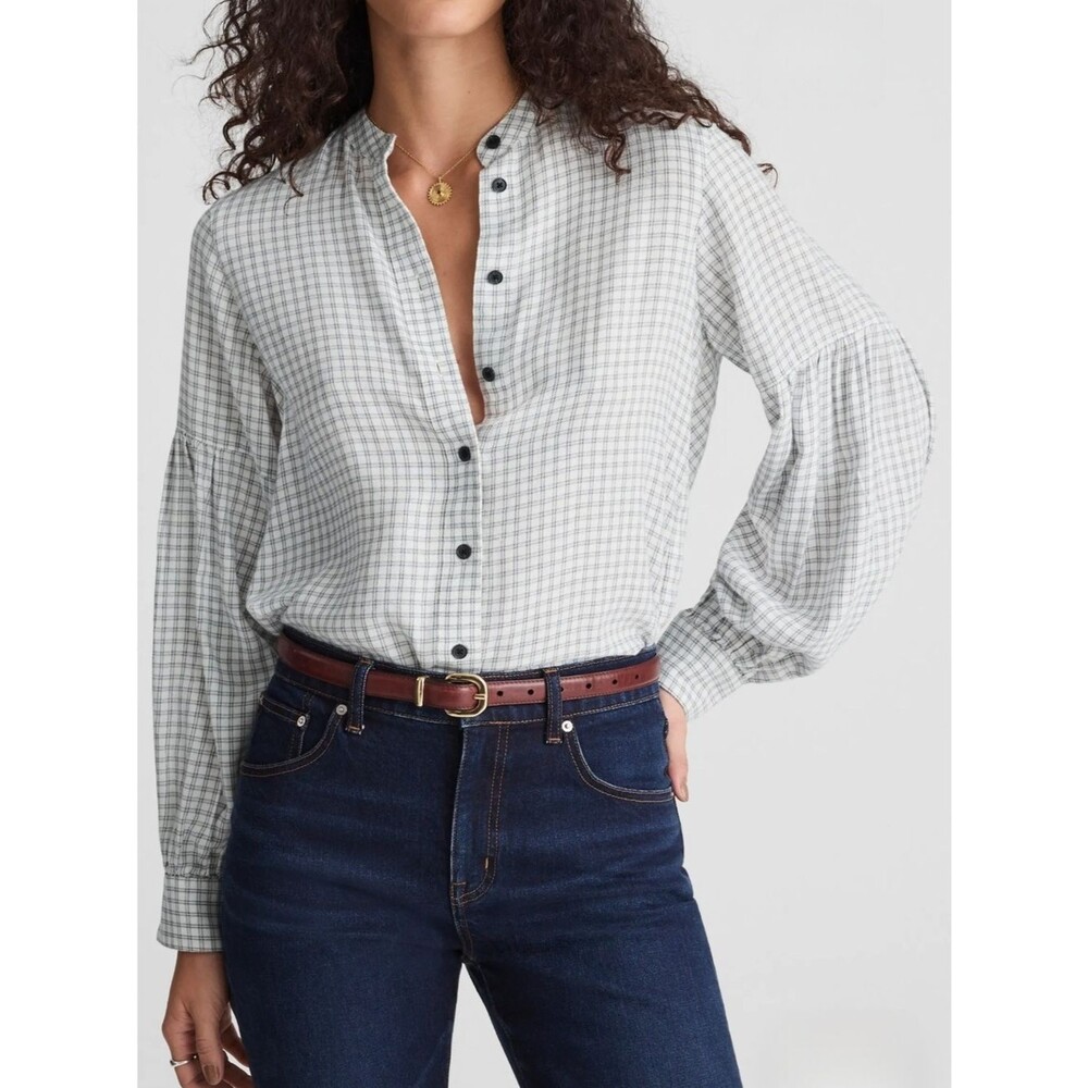 NWT Madewell Stand-Collar Button-Up Shirt in White Plaid Size S